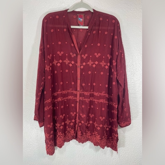 Johnny Was Maroon Embroidered Sheer Button Down Tunic Top Women’s Small - Picture 1 of 16